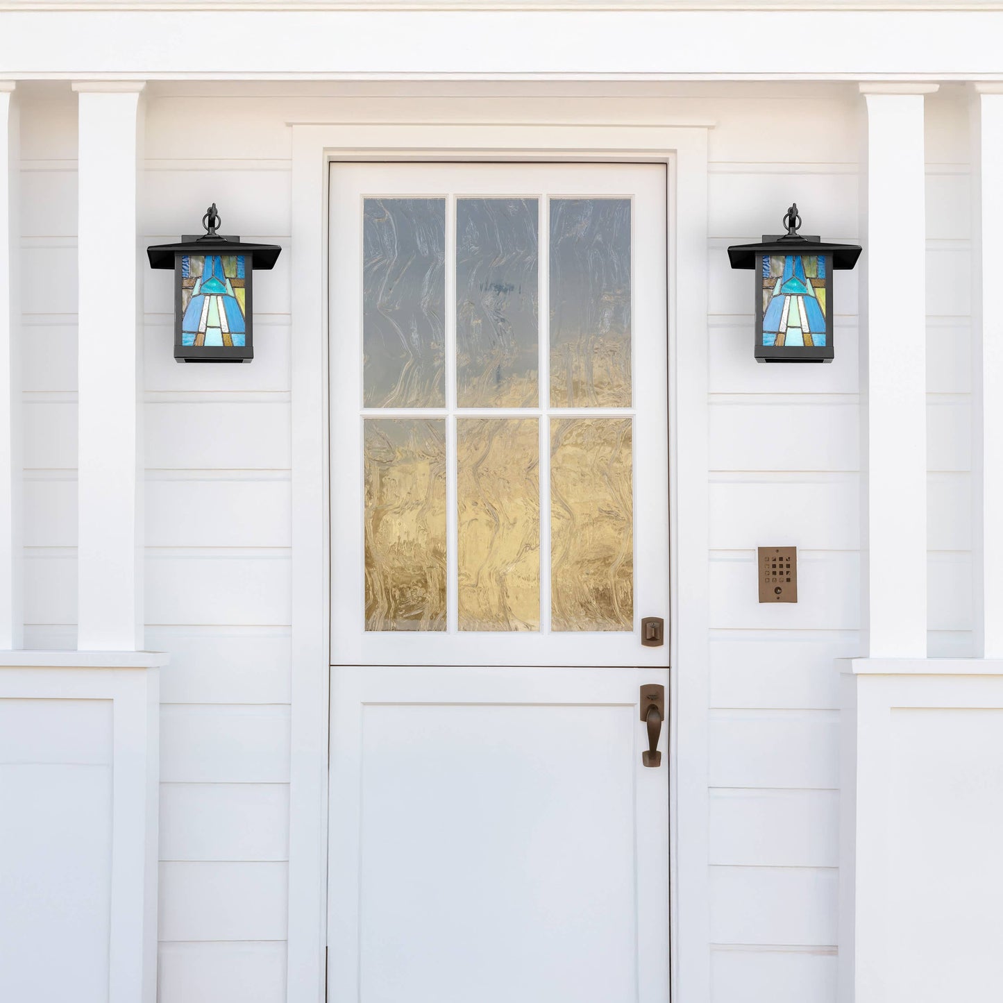 11.75"H Aqua and Amber 1-Light stained glass Outdoor Lantern Wall Sconce