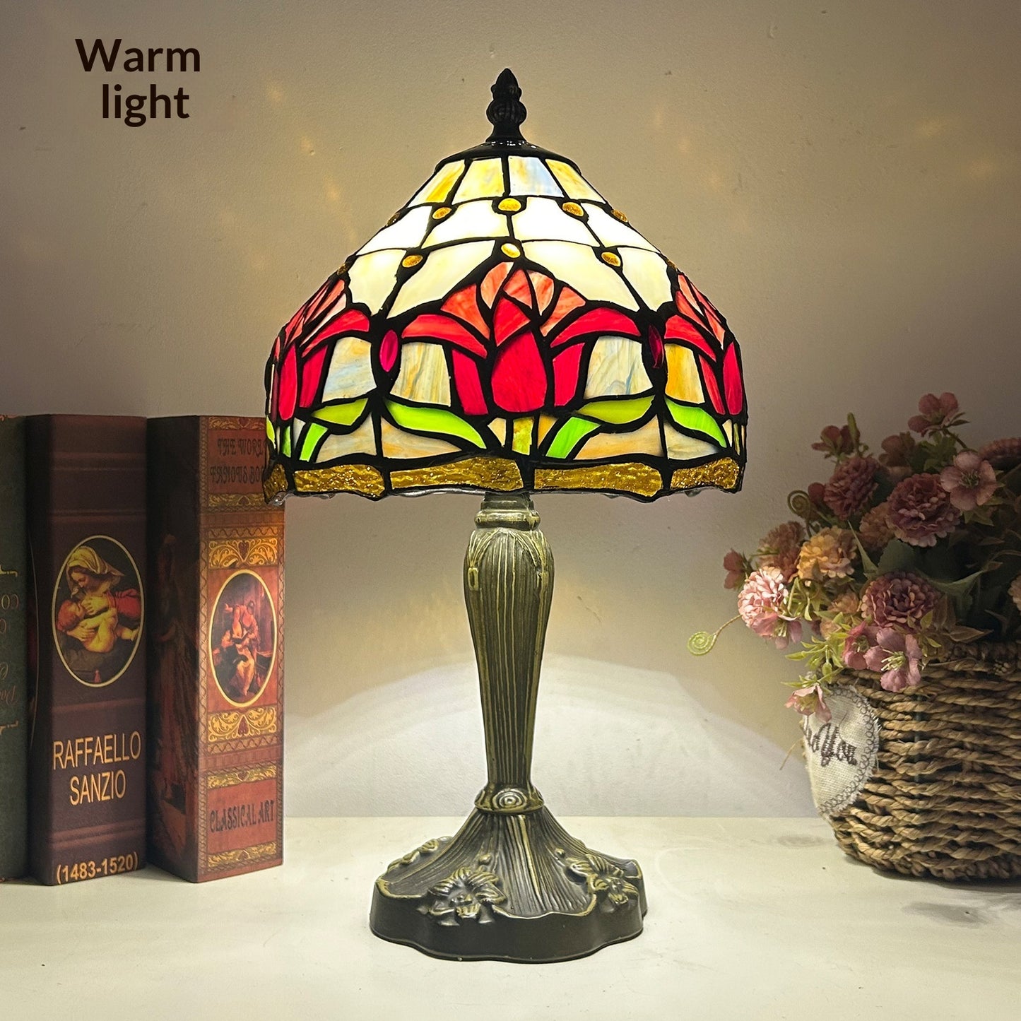 Stained Glass Bedroom Red Dragonfly Flower Study Table Lamp
