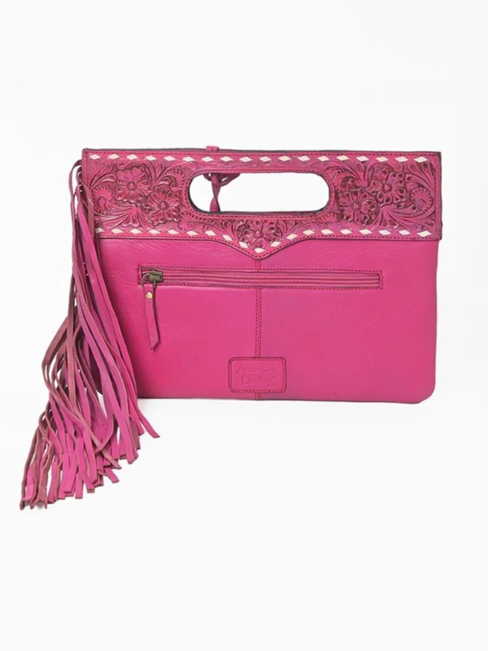 American Darling Pink Fringe Cowhide Clutch