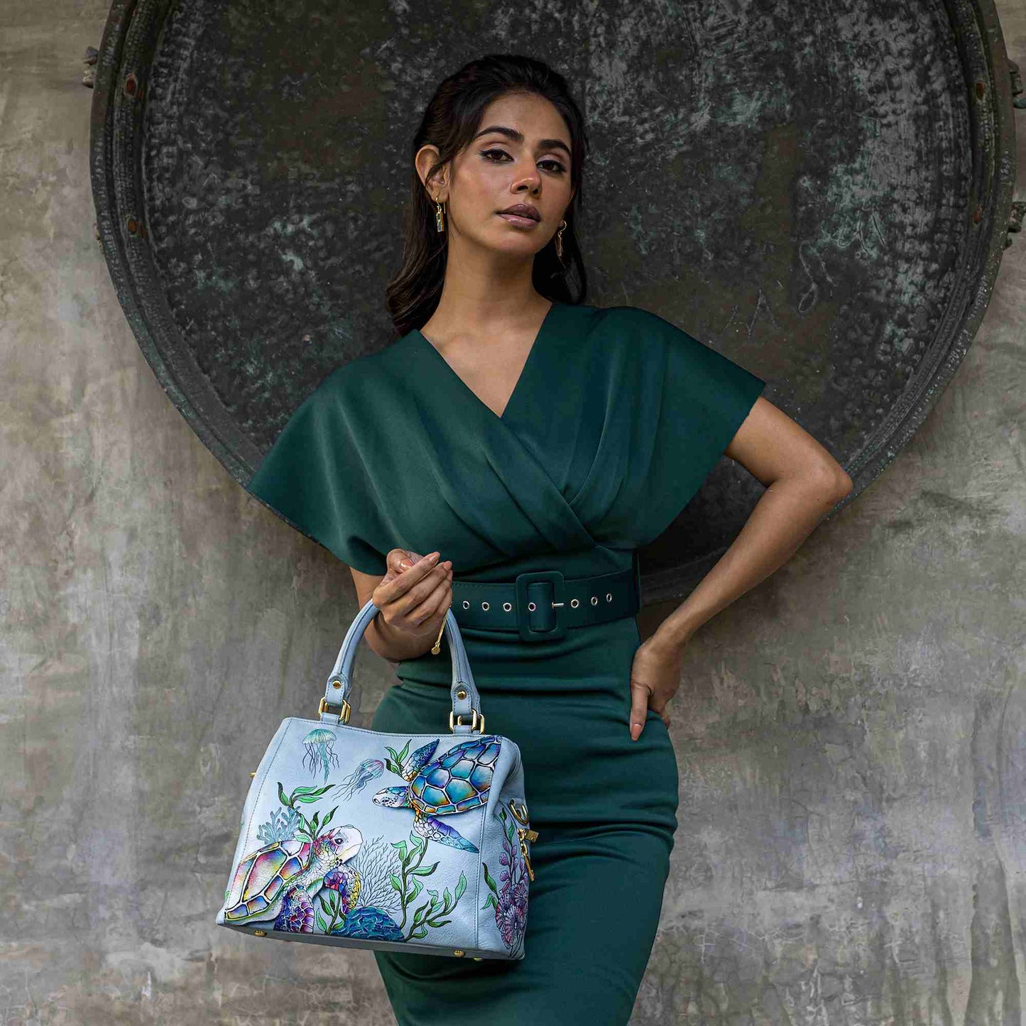 Anuschka Hand-Painted Leather Multi Compartment Satchel - 690-sea turtle