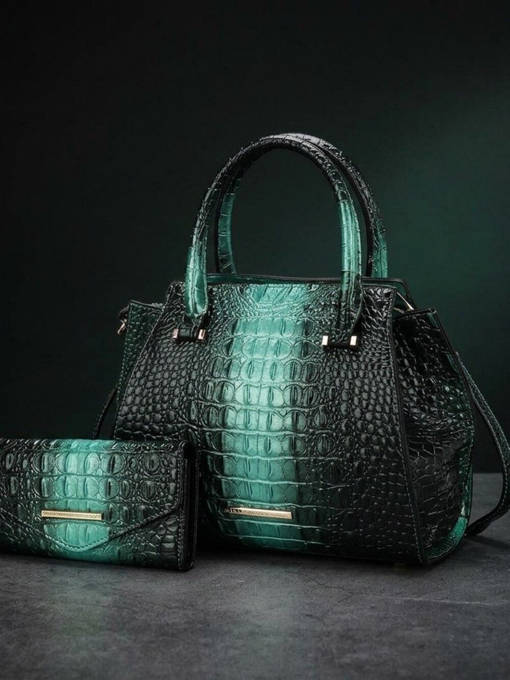 Mkf Bently Croc-Embossed Tote & Wallet By Mia K-Emerald Croc Luxe Satchel Se