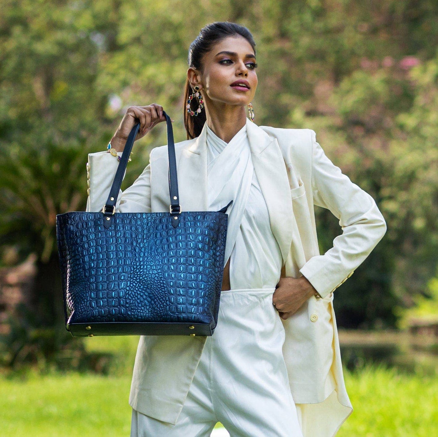 Anuschka Large Zip Top Tote - 698 -navy croc embossed