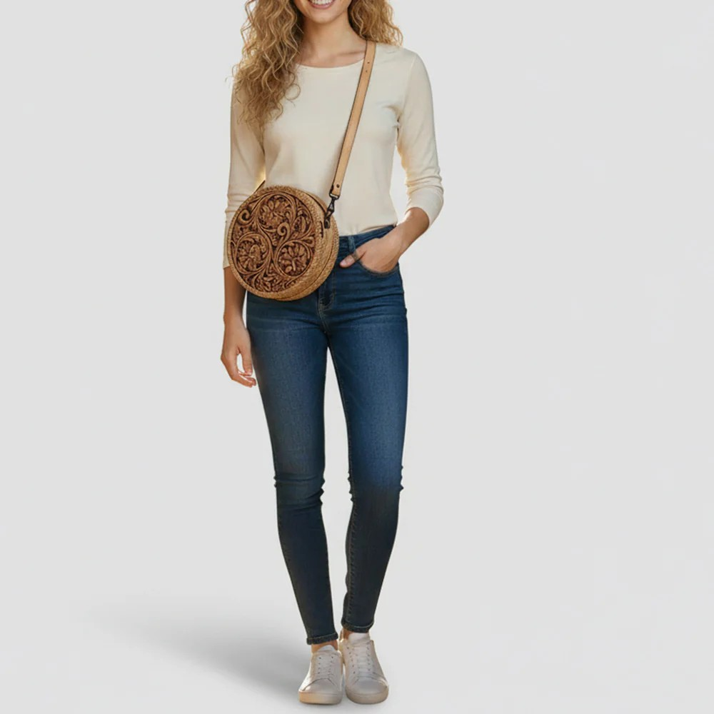 American Darling Round Hand-Tooled Leather Canteen Bag - Western Floral Circle Purse-Natural Beige