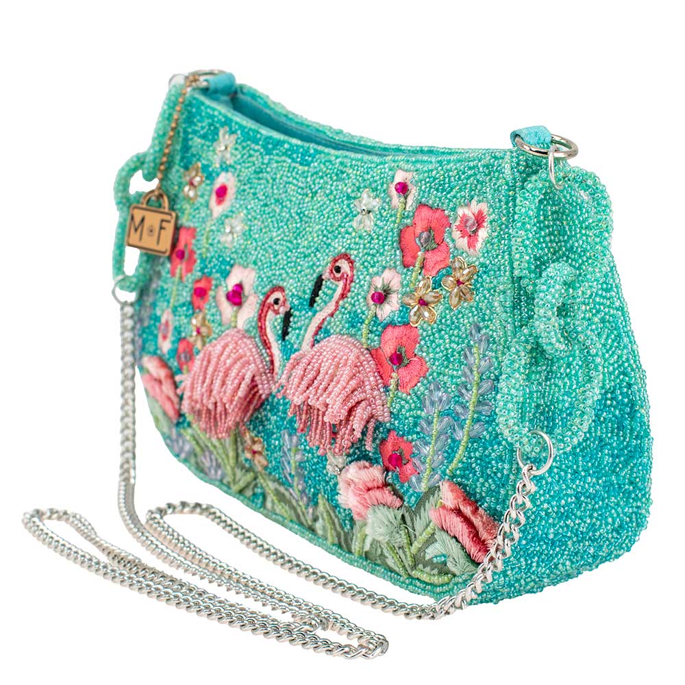 Flirty Flamingos Beaded Pink Flamingos Crossbody Handbag