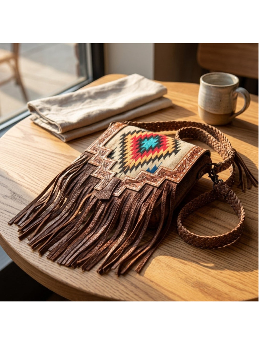 American Darling Black and Turquoise Dreams Saddle Blanket Fringe Crossbody Bag