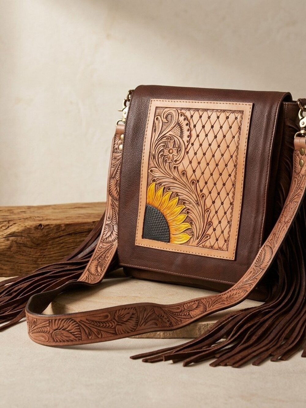 American Darling Sunflower Fringe Leather Crossbody