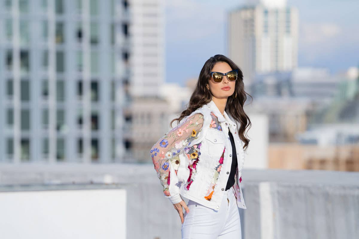 2406W - White Denim Jacket with Floral Embroidery
