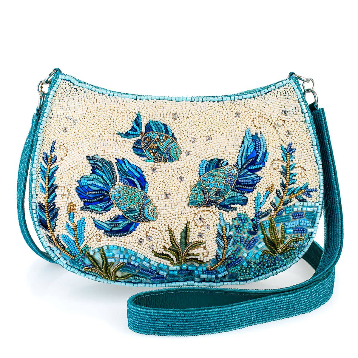 Fish Harmony, Swimming Fish Beaded Crossbody Handbag