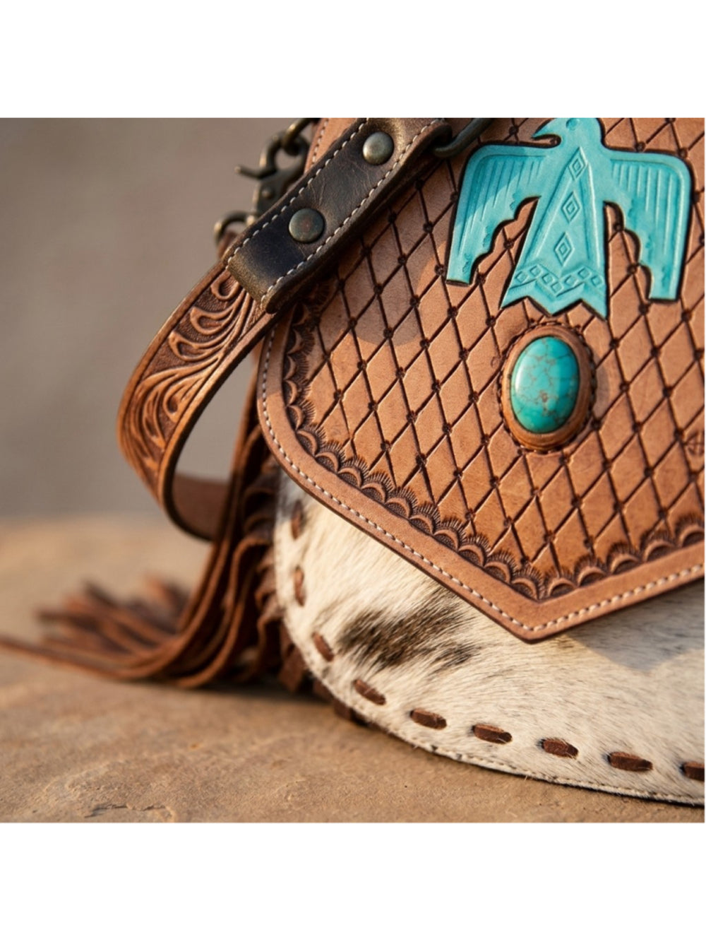 American Darling Turquoise Thunderbird Ridge Fringe Concho Crossbody