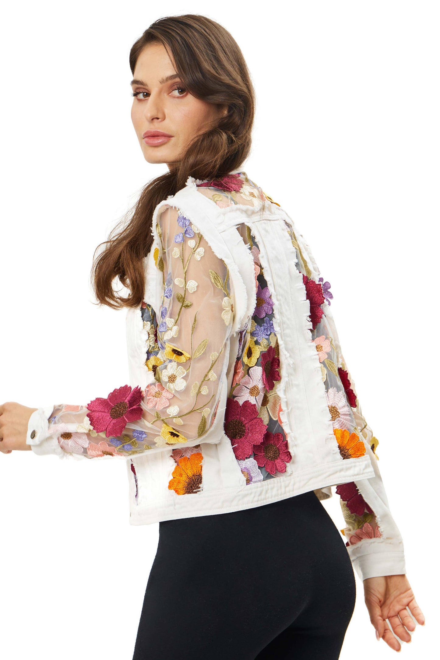 2406W - White Denim Jacket with Floral Embroidery
