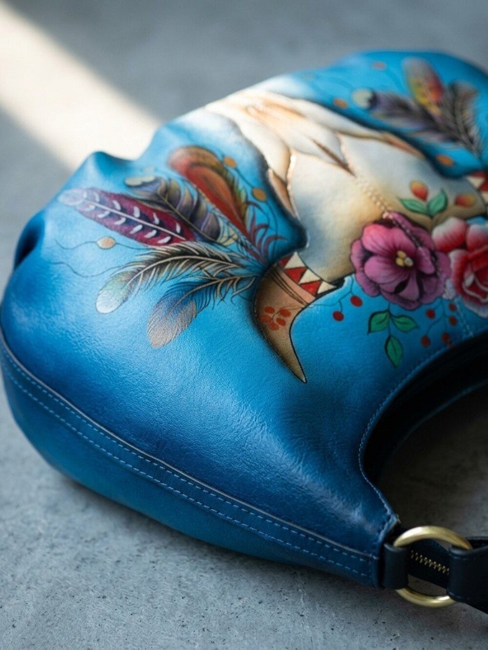 Anuschka Handpainted blue ombre Boho Spirit Skull Hobo Bag