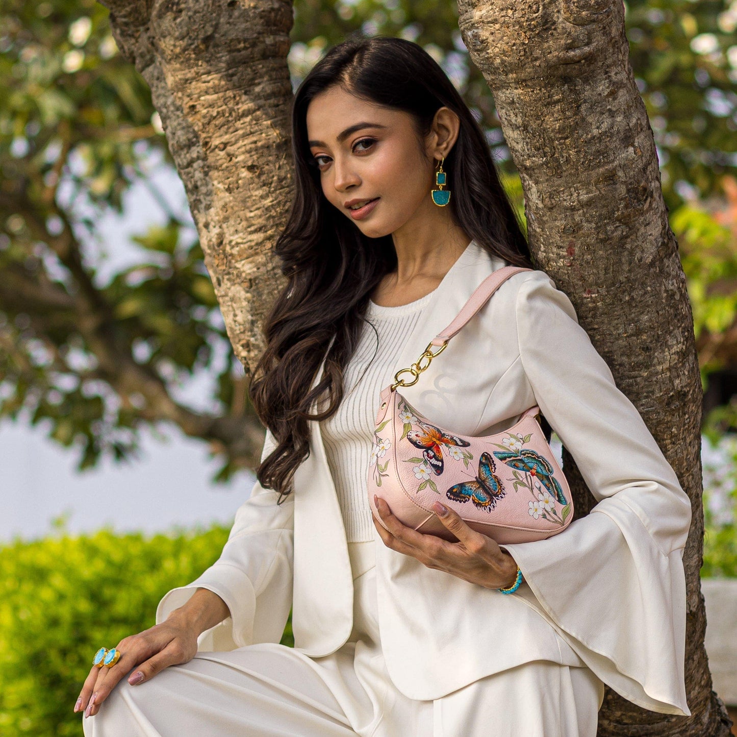 Anuschka Hand-Painted Leather Small Convertible Hobo - 701-dusty pink with butterfly