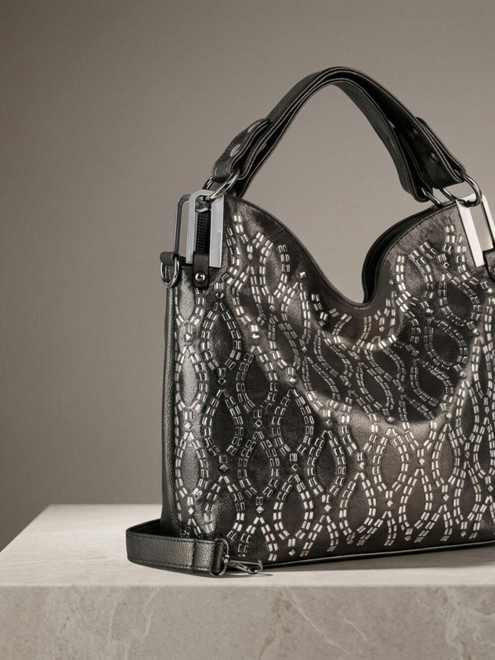 Pewter Mosaic Luxe Shoulder Bag with rhinestone details