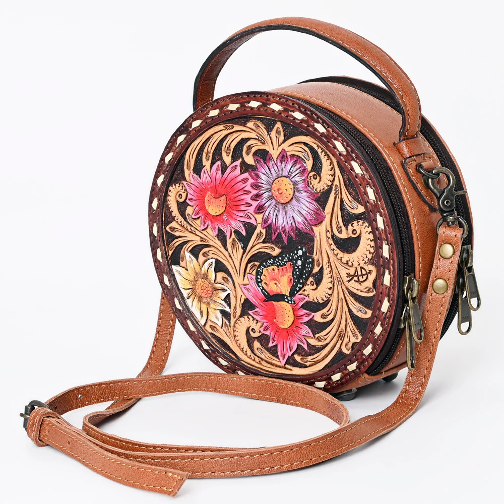 American Darling Western Tooled Leather Crossbody Canteen Bag Floral Carved Pink Cactus Flower and Butterfly Inlay