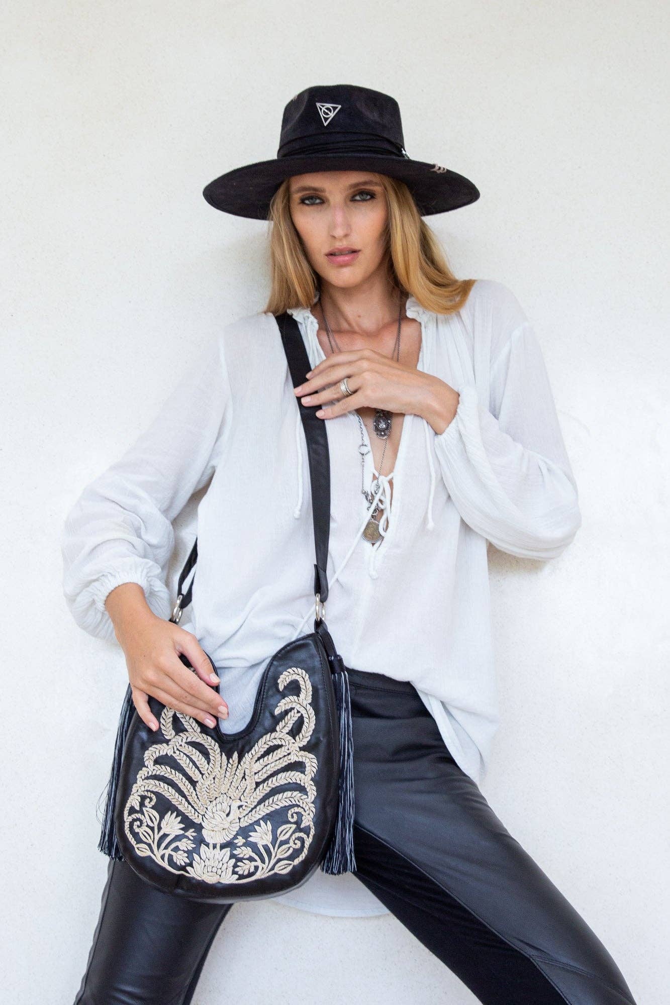 Mini Lyrebird Tassel Bag Black Faux Leather
