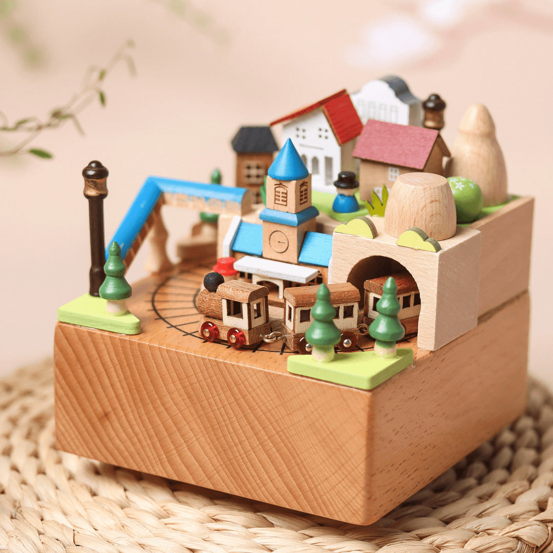 Handmade Wooden Music Box with rotating train
