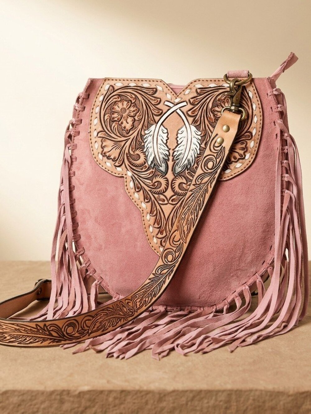 American Darling Boho Feather Tooled Pink Crossbody