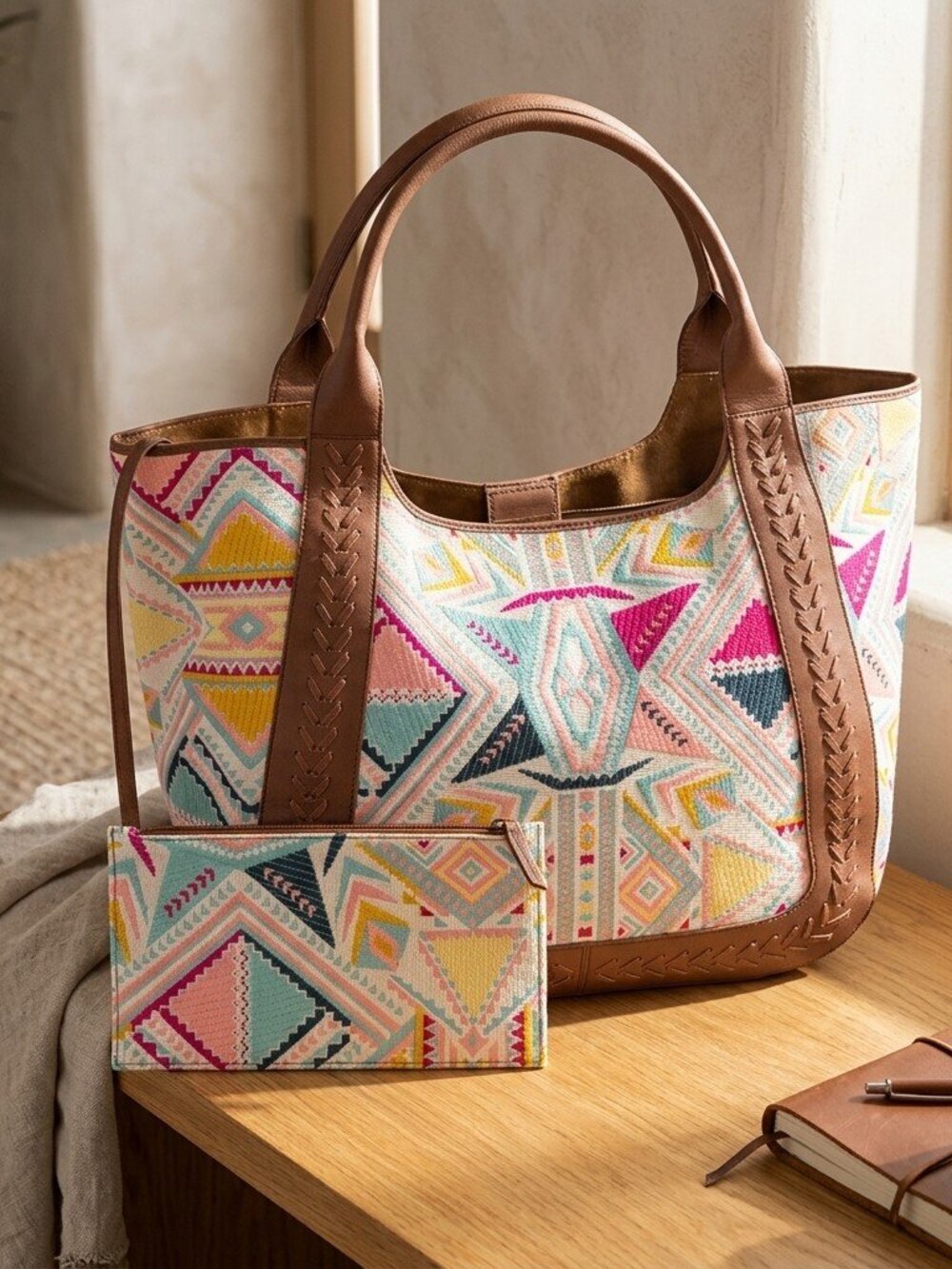 Sedona Horizon Jacquard Tote Bag in Sunset Coral