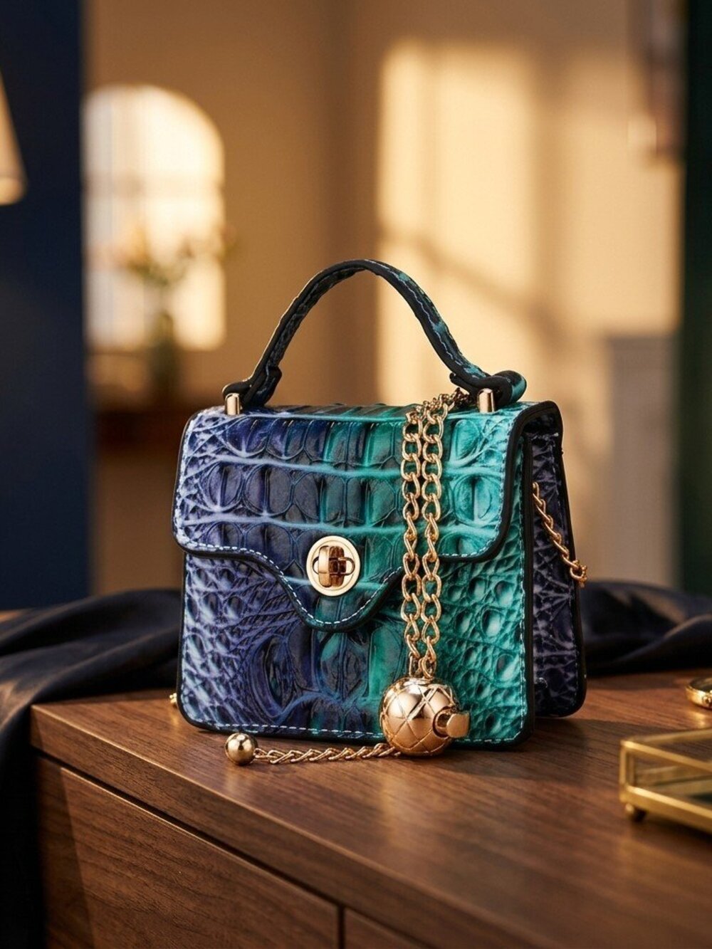 Aurora Croc Mini Top-Handle Bag- Gradient Rainbow Faux Crocodile Embossed-