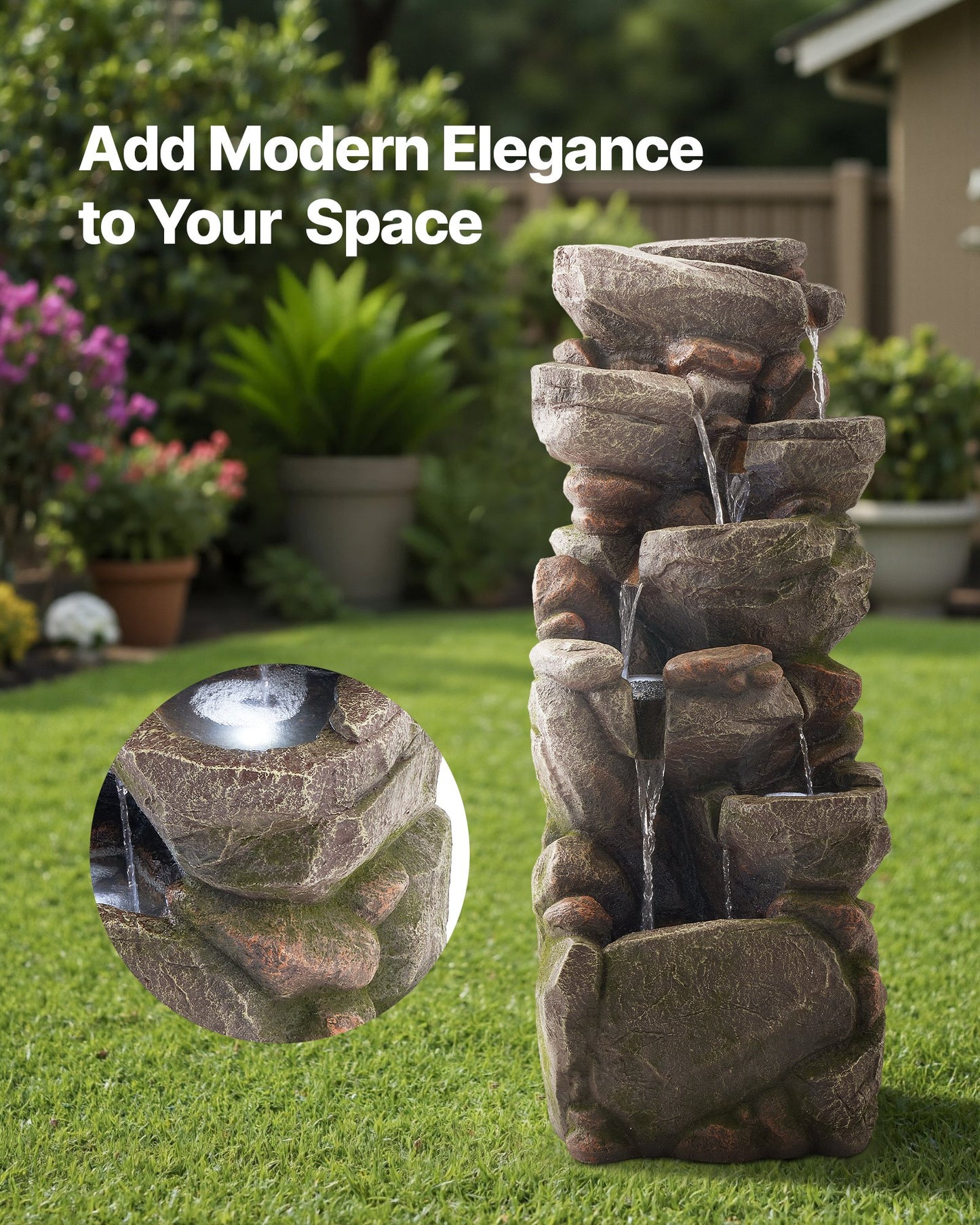 Outdoor Water Fountain 7-Tier Rock-Shaped Cascading 38.98 In Fountains