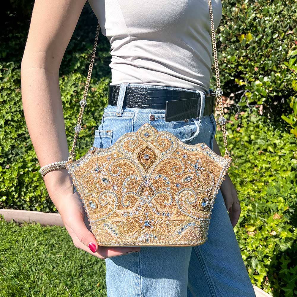 Mary Frances Golden Rule Beaded Crown Crossbody Clutch Handbag