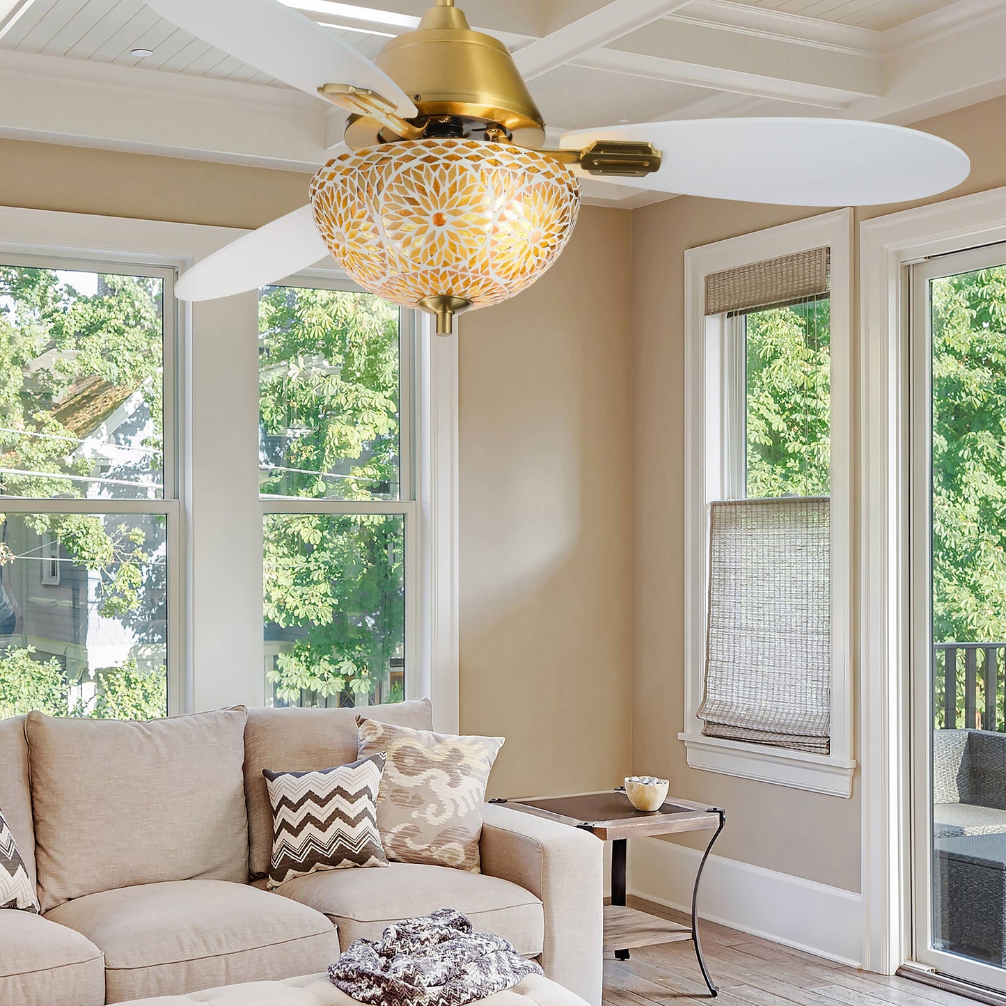 42"W LED Indoor Gold and White Mosaic Glass Ceiling Fan