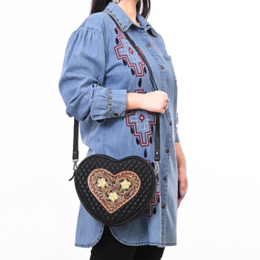 American Darling Heart-Shaped Quilted Leather Crossbody Bag - Tooled Floral Inlay with Western Stitch Design
