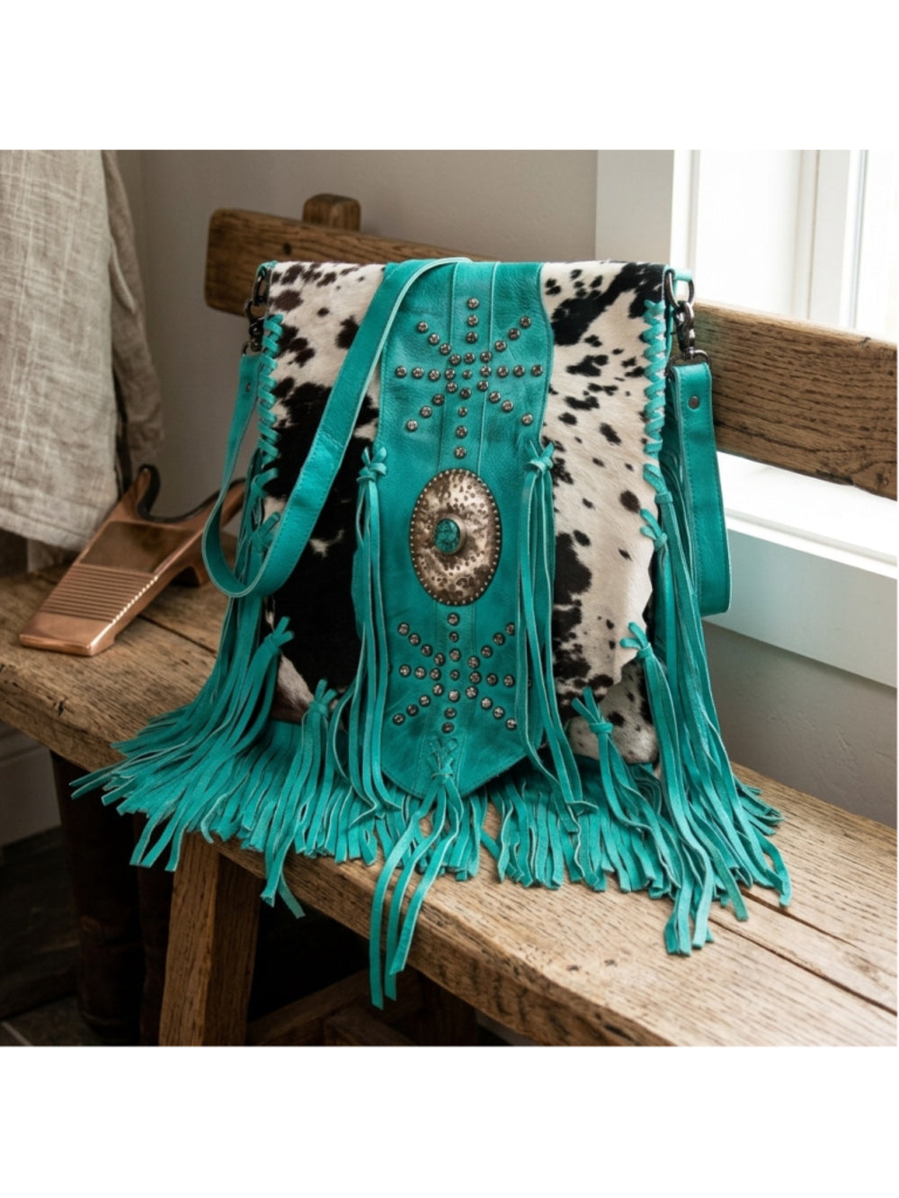 American Darling Turquoise Canyon Treasure Cowhide Fringe Crossbody