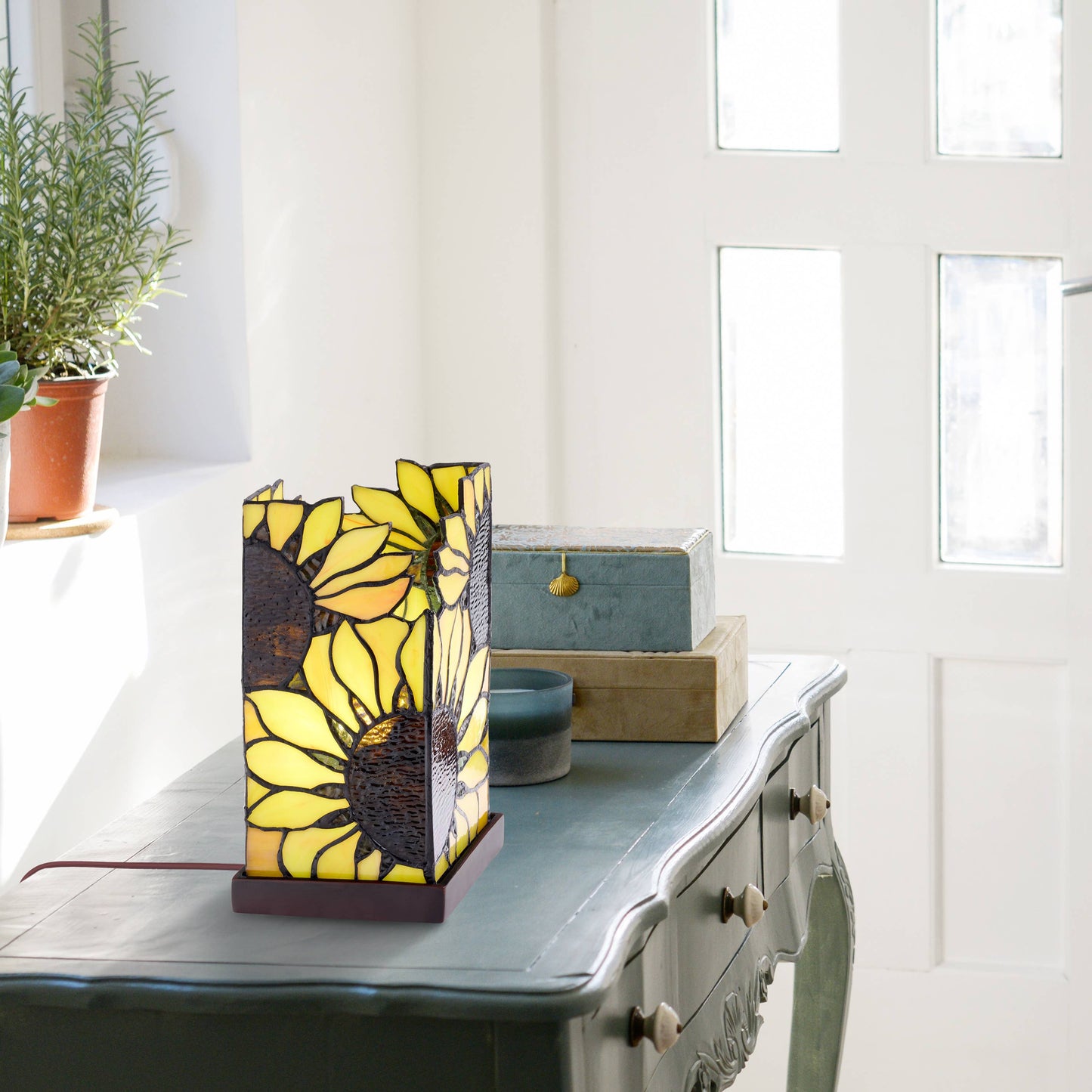 9.75"H Sunflower Rectangle Shade Hurricane stained glass Accent Lamp