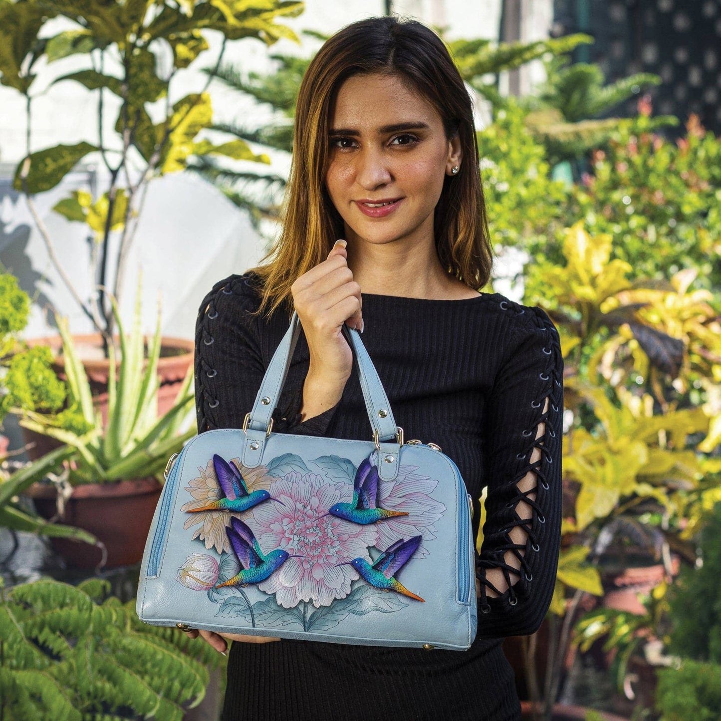 Anuschka Hand-Painted Leather Wide Organizer Satchel - 695 Hummingbird