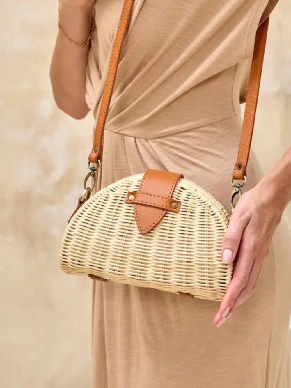 Rattan Crossbody Clamshell Clutch with leather accents and strap