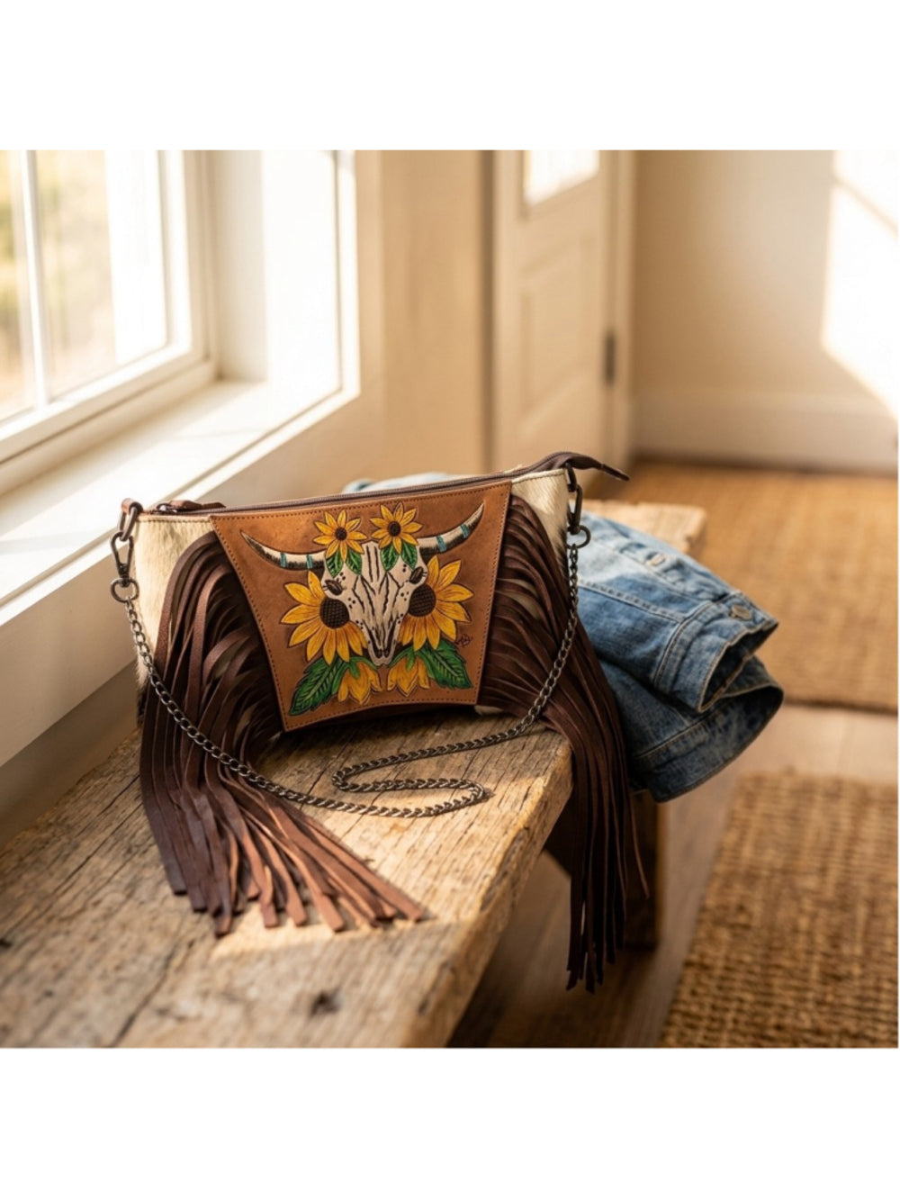 American Darling Longhorn Skull Sunflowers Fringe Crossbody