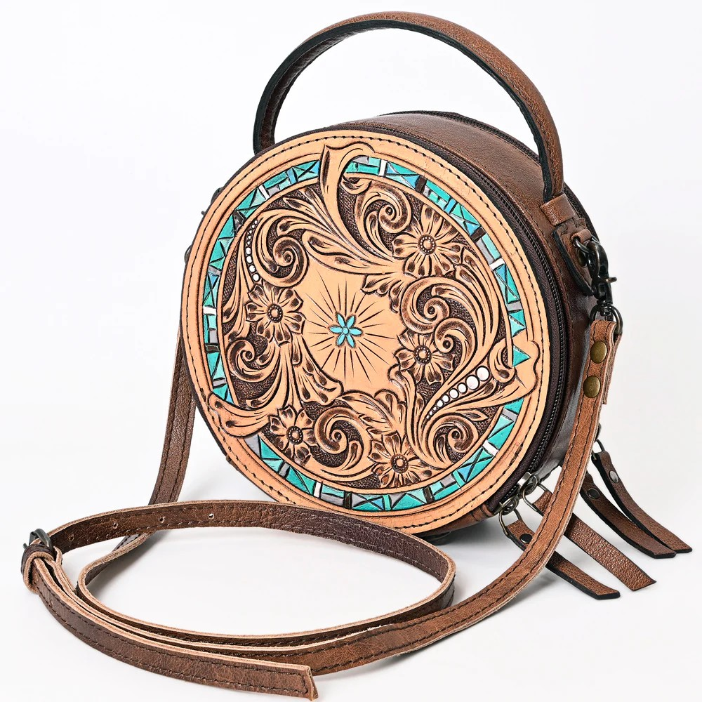 American Darling Western Tooled Leather Crossbody Canteen Bag Floral Carved Turquoise Inlay