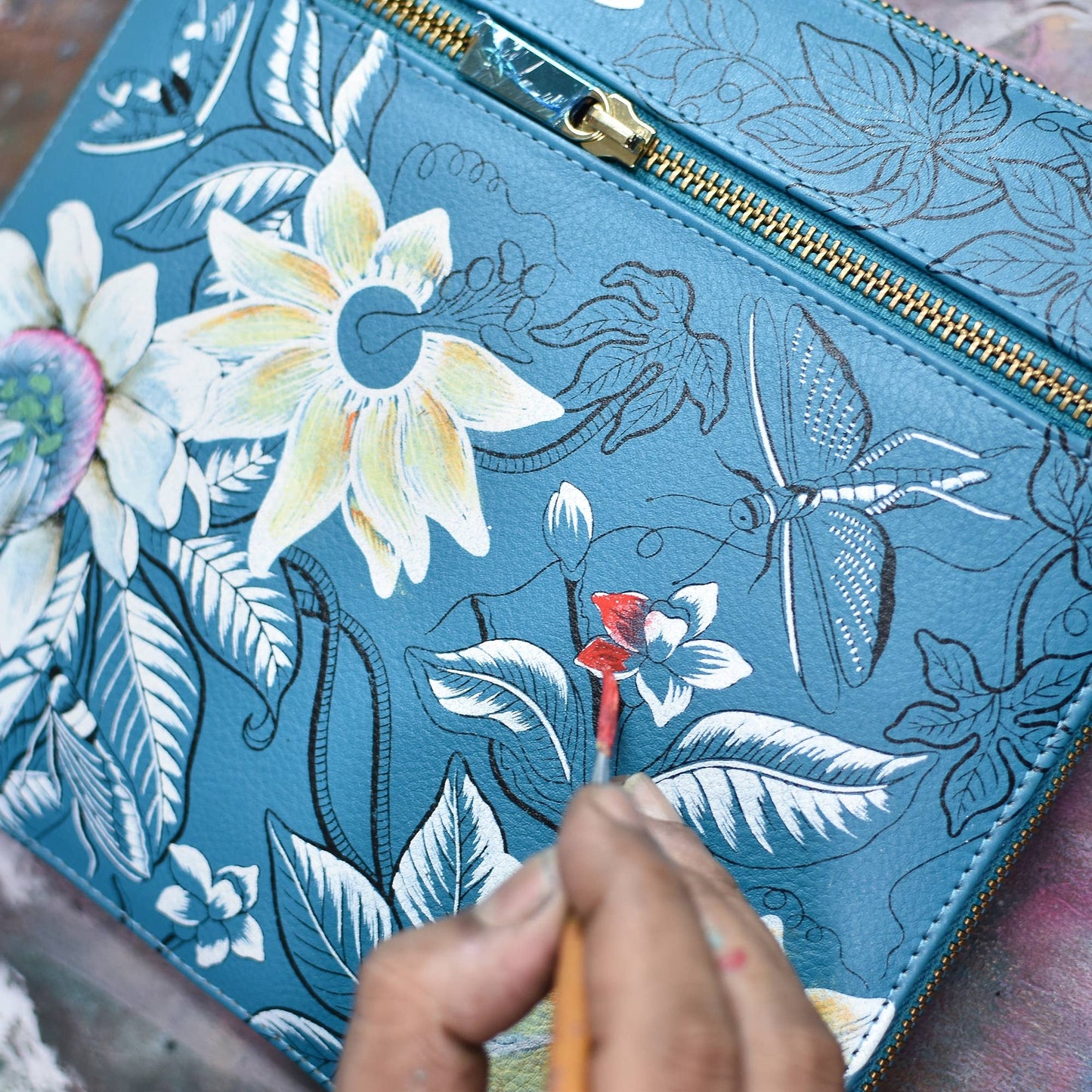 Anuschka Expandable Travel Crossbody - 550-blue with flowers and dragonfly
