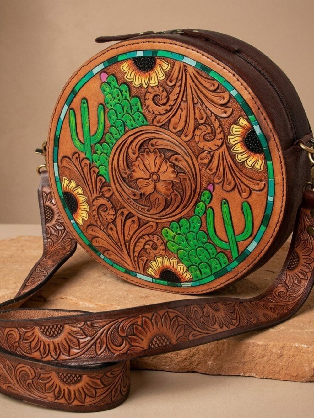 American Darling Desert Sunflower Bloom Tooled Crossbody Canteen Bag