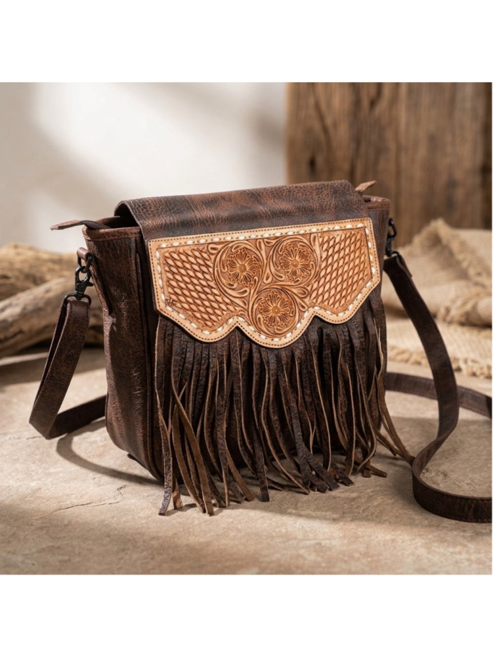 American Darling Western Boho Fringe Tooled Crossbody Bag