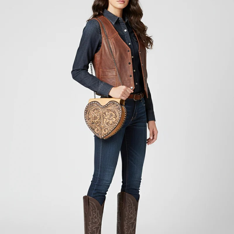 American Darlng Heart-Shaped Hand-Tooled Leather Crossbody Canteen Bag with Chain Strap-pale yellow