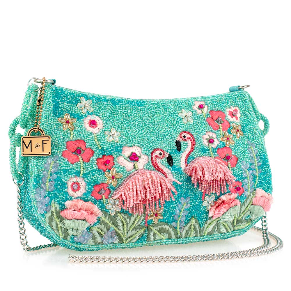 Flirty Flamingos Beaded Pink Flamingos Crossbody Handbag