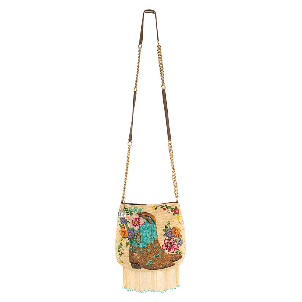 Mary Frances Line Dance Beaded Cowboy Boots and Flowers Crossbody Handbag