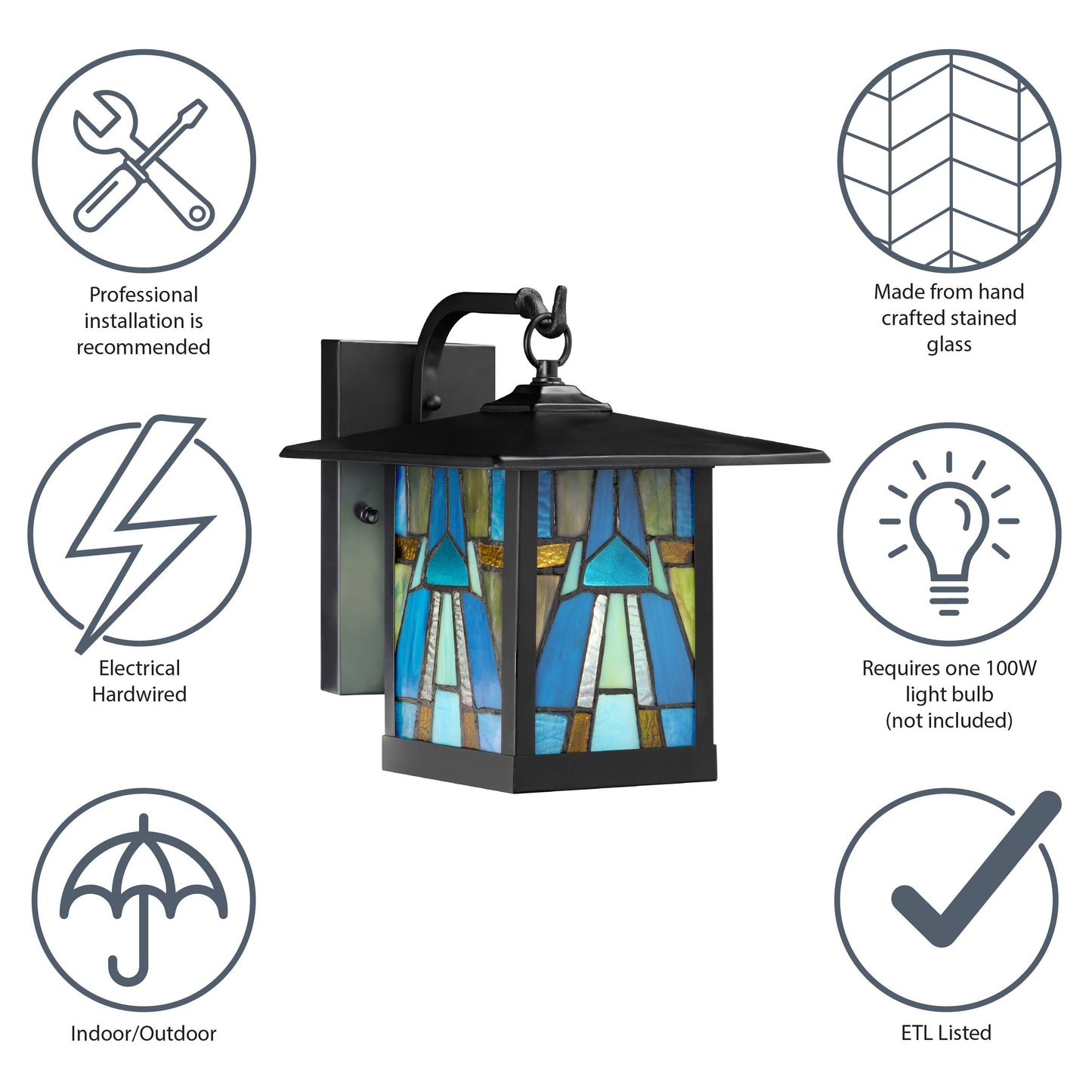 11.75"H Aqua and Amber 1-Light stained glass Outdoor Lantern Wall Sconce