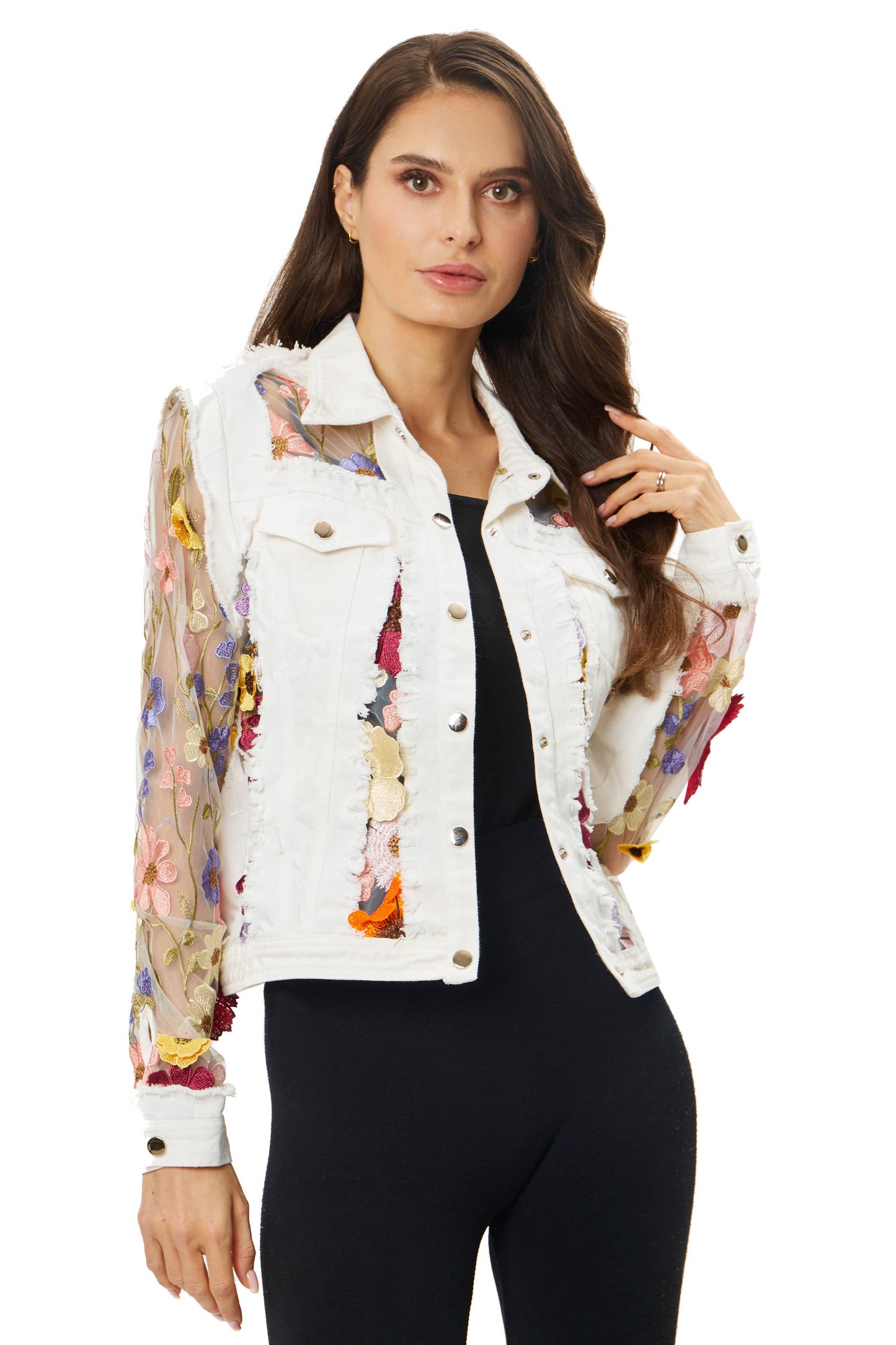 2406W - White Denim Jacket with Floral Embroidery