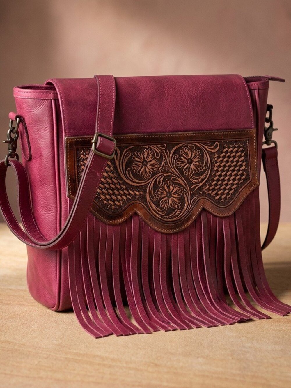 Magenta Western Fringe Leather Crossbody Bag