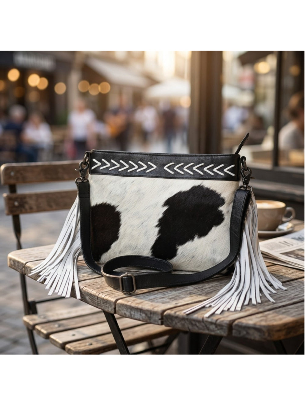 American Darling Western Oreo Black and White) Cowhide Fringe Crossbody Bag