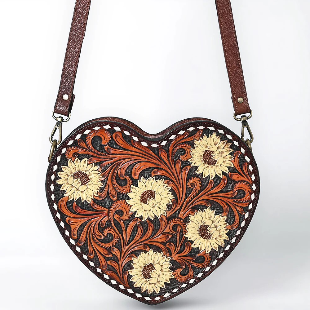 American Darling Heart-Shaped Tooled Leather Cross body Bag - Sunflower Floral Design with Western Stitch