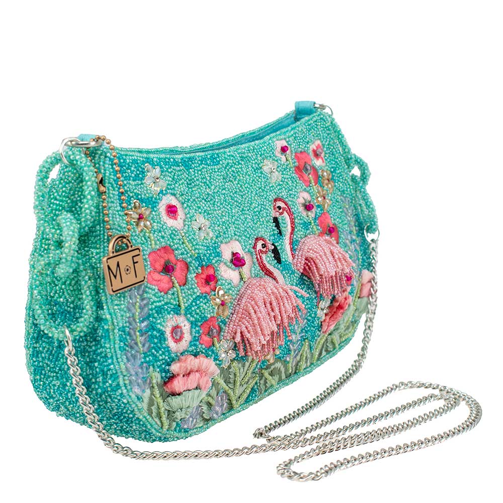 Flirty Flamingos Beaded Pink Flamingos Crossbody Handbag