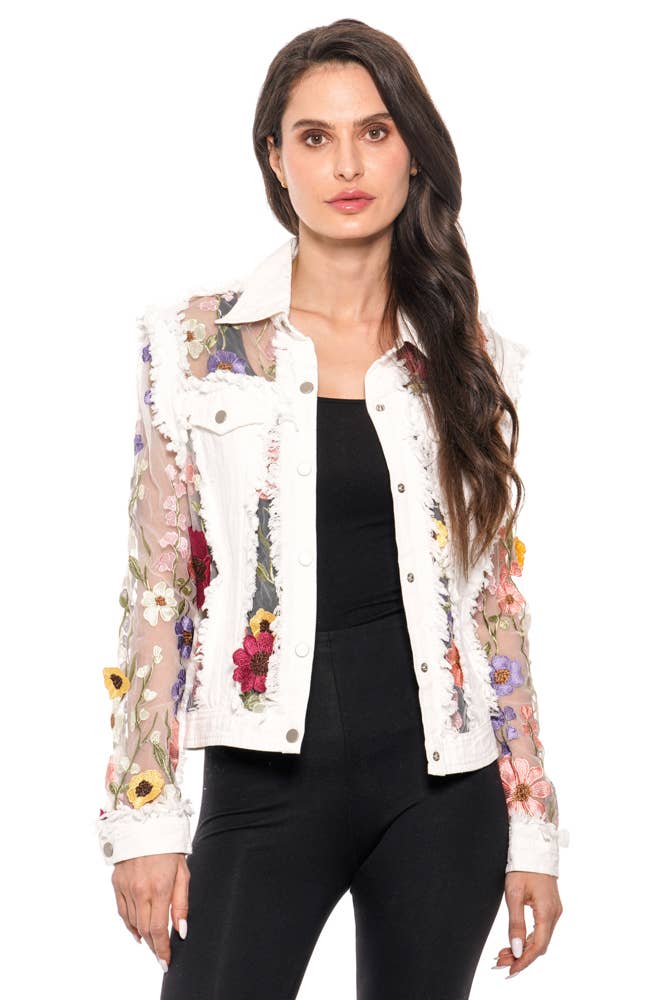2406W - White Denim Jacket with Floral Embroidery