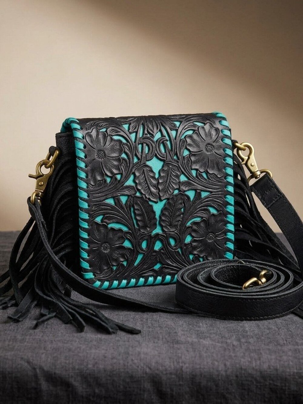 Turquoise at Midnight Boho Fringe Floral Crossbody