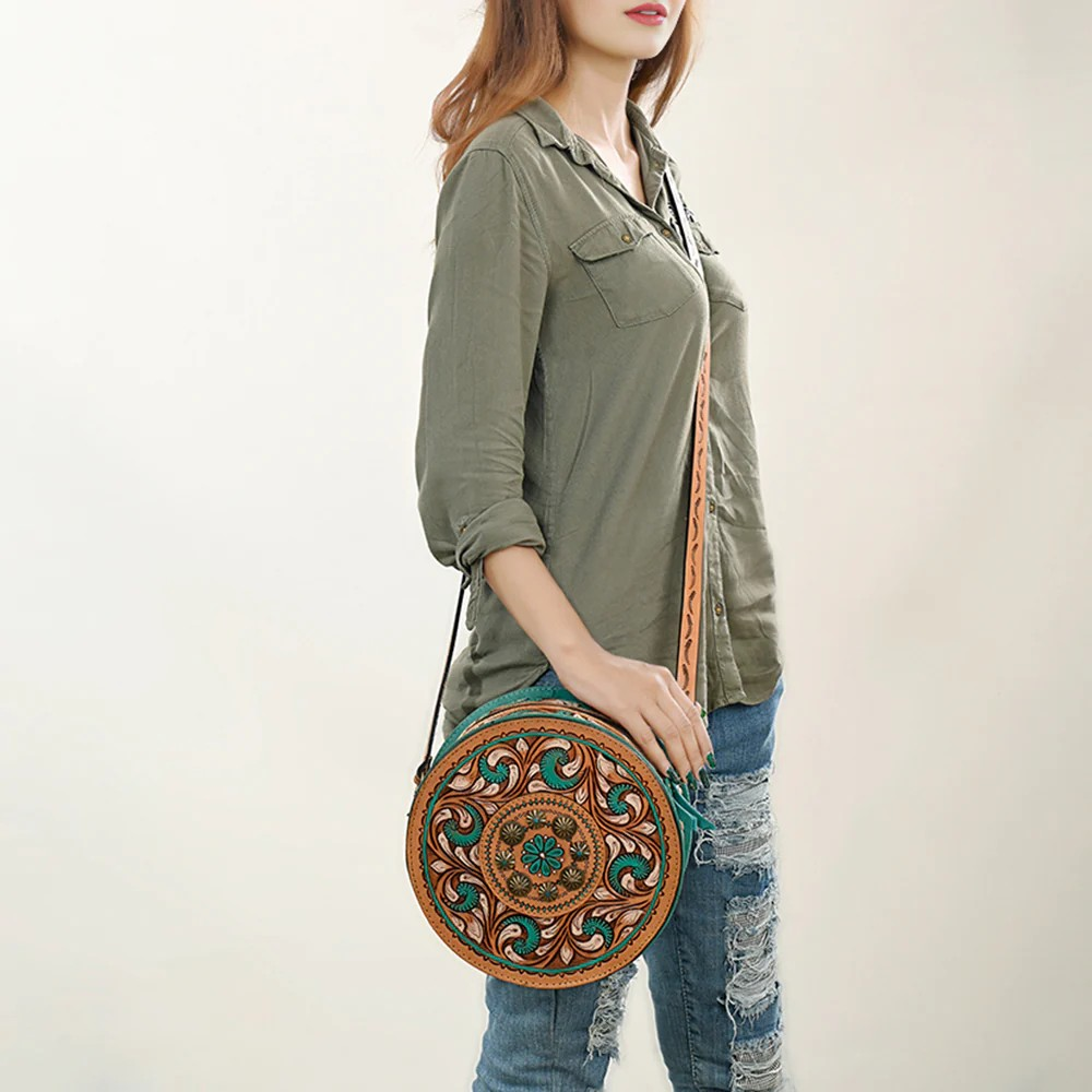 American Darling Crossbody Canteen Genuine Western Leather Handbag-Turquoise and Natural handtooled