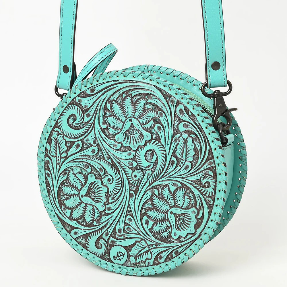 American Darling Round Hand-Tooled Leather Canteen Bag - Western Floral Circle Purse-Turquoise