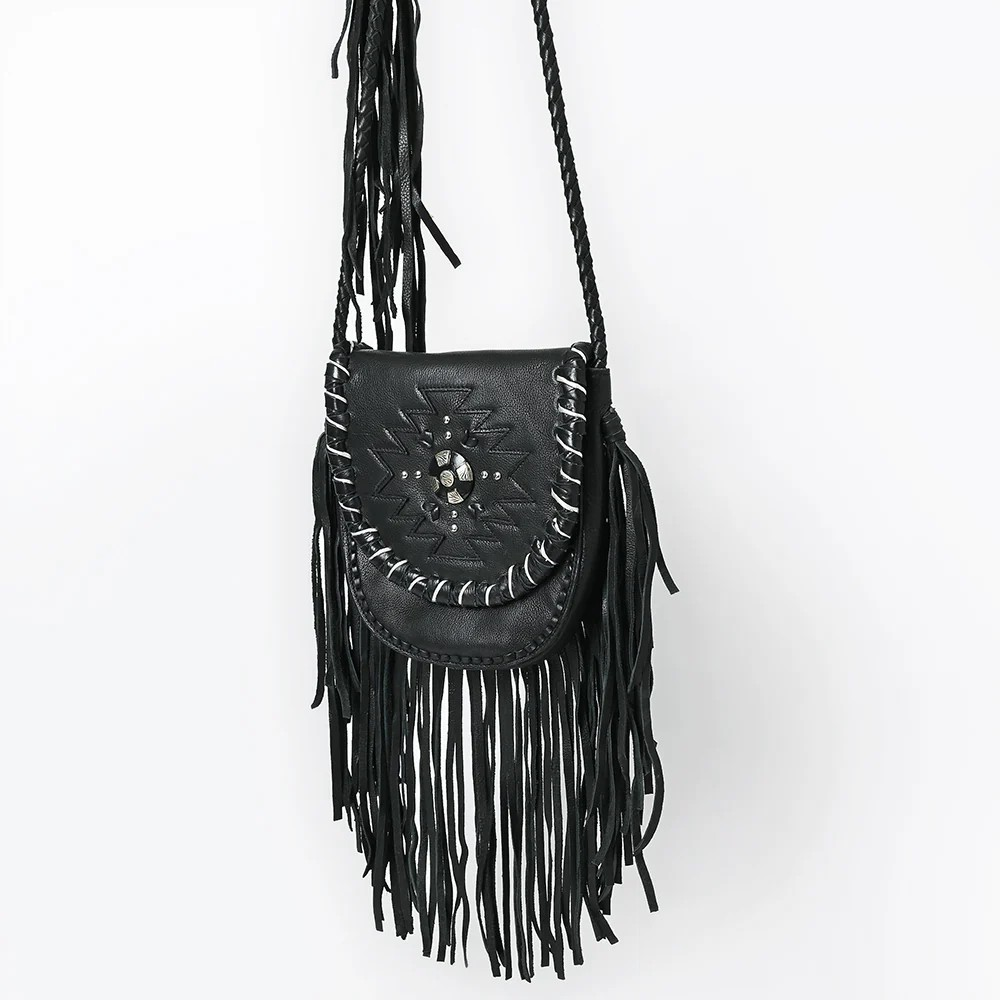 American Darling Western Fringe Crossbody - Black Leather Bag with Tribal Stitch, Concho, and Whipstitch Detail
